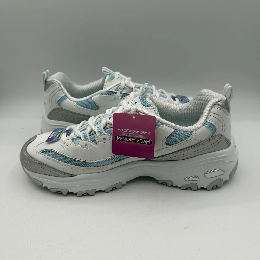 Skechers D'Lites Chromatic Shoes Womens Sz‎ 9.5 White/Silver/Light Blue Sneakers